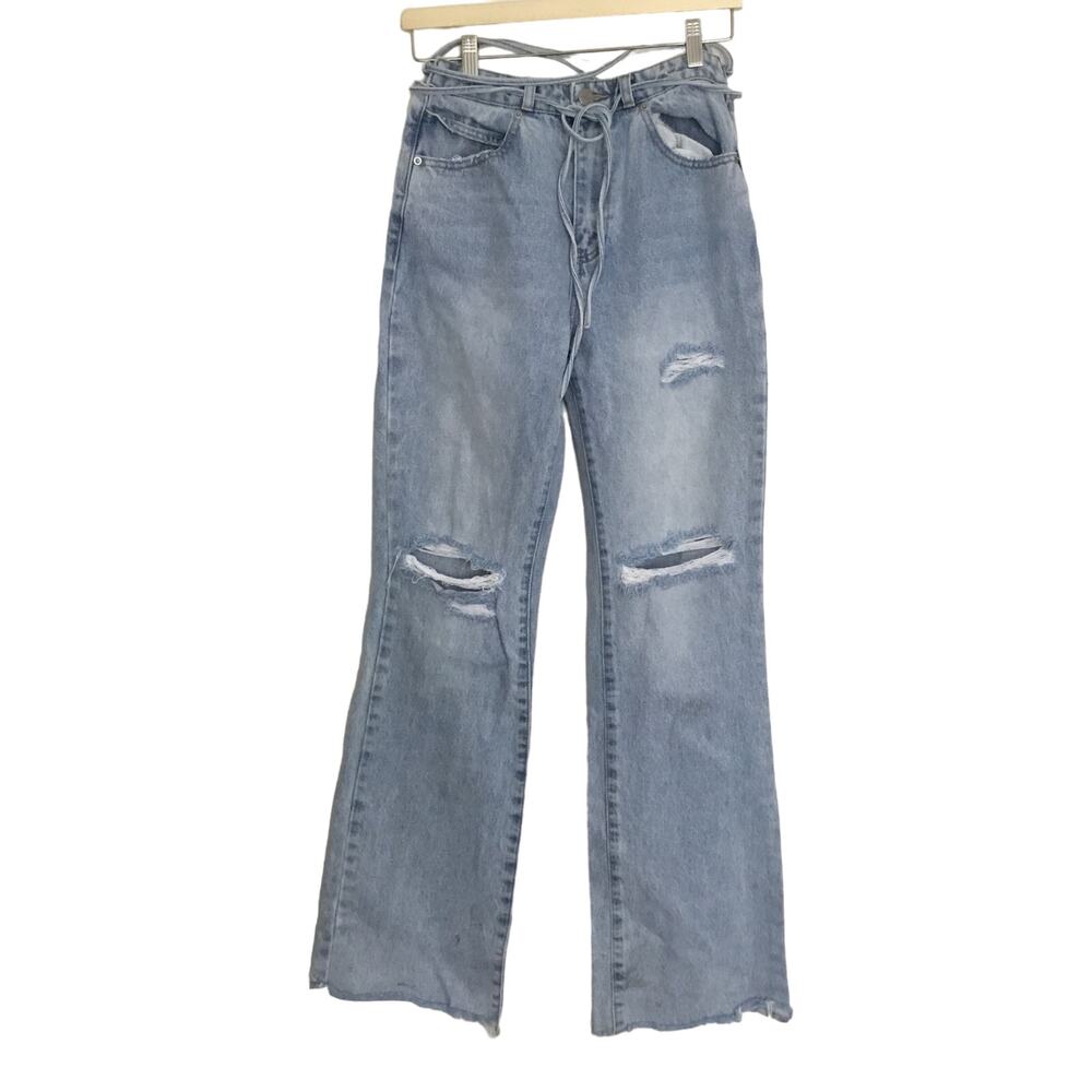 OH POLLY Jeans Light Wash Wide Leg String Waste Detail Sz 4 Cotton